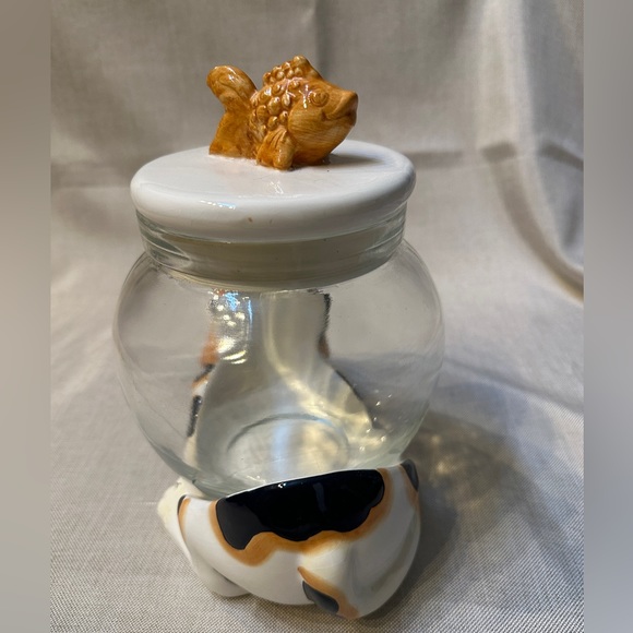 Vintage Calico Cat w/ Goldfish Bowl Lid Cookie Treat Jar - Picture 12 of 12